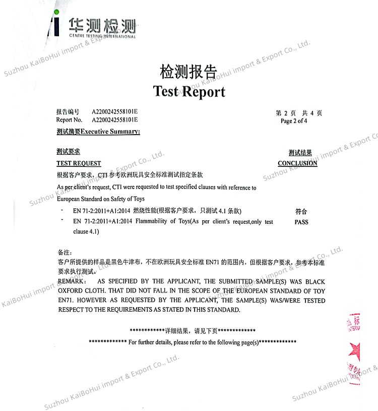 Flame retardant Oxford fabric EN 71-2 toy material testing standard